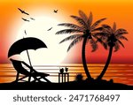 Silhouette of wooden chaise lounge, palm tree on beach. Umbrella and table with coconut and cocktail. Sea with sun. Sunset in tropical place. Vector illustration