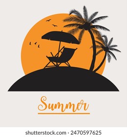 Silhouette of wooden chaise lounge, palm tree on beach. vector illustration in flat design