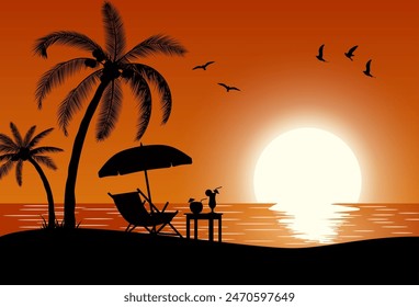 Silhouette of wooden chaise lounge, palm tree on beach. Umbrella and table with coconut and cocktail. vector illustration in flat design