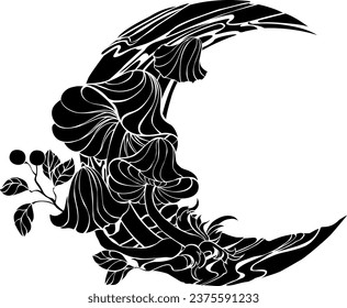 Silhouette wooden crescent with silhouette, artistically drawn mushrooms and lingonberry sprigs growing on it on white background. Coloring book. Mystical boho mushrooms, woodland forest symbols.