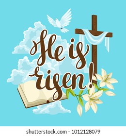 Silhouette Of Wooden Cross With Bible, Lily And Dove. Happy Easter Concept Illustration Or Greeting Card. Religious Symbols Of Faith Against Clouds.