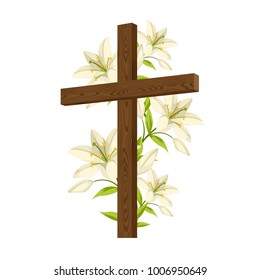 Silhouette of wooden cross with lilies. Happy Easter concept illustration or greeting card. Religious symbols of faith.