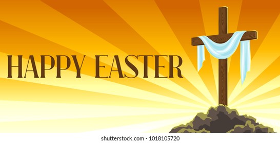 Silhouette of wooden cross with shroud. Happy Easter concept illustration or greeting card. Religious symbol of faith against sunrise sky.