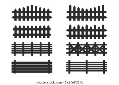 Silhouette of wooden fence in various shapes. Black partitions separate on white background.