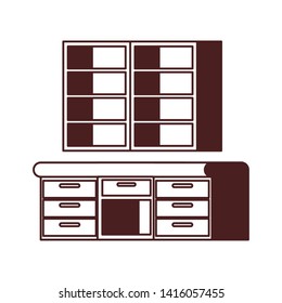 silhouette of wooden shelving in white background