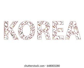 The silhouette of the word Korea is filled with hieroglyphs of the Korean alphabet. Colored Vector illustration.