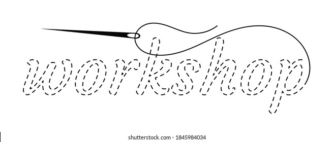 Silhouette des Wortes "Werkstatt" mit unterbrochener Kontur. Vektorgrafik mit Stickereifaden und Nadel auf weißem Hintergrund.