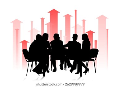 A silhouette of a work meeting in the office with an upward arrows concept