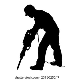 Silhouette of a worker in action pose holding drilling machine. Silhouette of a drill worker in action pose.