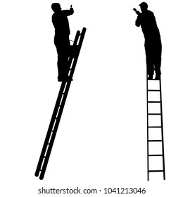 Silhouette worker climbing the ladder on white background.