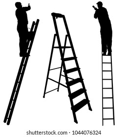 Silhouette worker climbing the ladder on white background