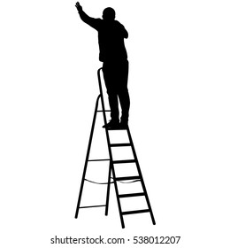 Silhouette Worker Climbing The Ladder. Vector Illustration.