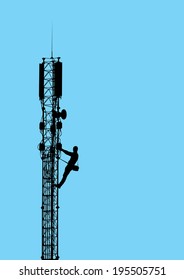 Silhouette Of Worker Climbing On Mobile Telecommunication Tower Against Blue Sky. Vector EPS10.