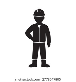 A silhouette of a worker dressed in a jacket, trousers, and sturdy boots, standing confidently with hands on hips. The worker wears a safety helmet and has a belted tool pouch. The image is monochroma.