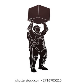Silhouette eines Arbeiters in einem Exoskelett, das einen schweren Würfel hebt, der Stärke und fortschrittliche Technologie in industriellen Umgebungen repräsentiert.