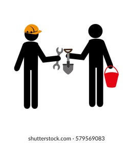 silhouette worker men with helmet and tools building