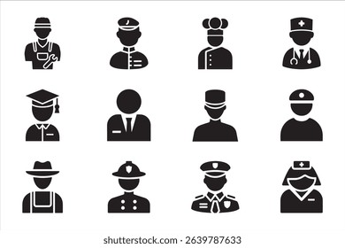 Silhouette Worker Professions Icon Set – Black Vector People Occupation Symbols