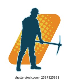 silhouette of a worker swinging a mattock tool. silhouette of a male labour wearing safety helmet holding grub axe.