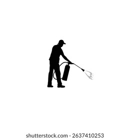 Silhouette of a worker using fire extinguisher on white background