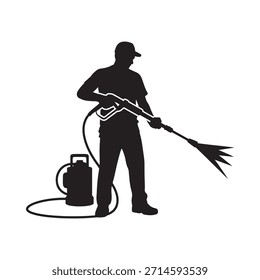 Silhouette eines Arbeitnehmers mit einem Druckwäscher mit einem Tank in der Nähe