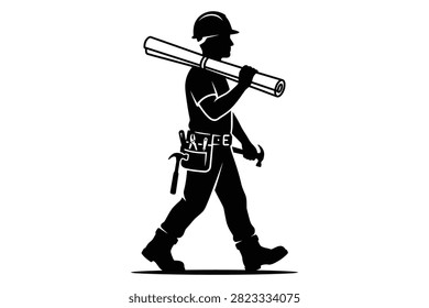 Silhouette of worker wearing hard hat and tool belt carrying pipe