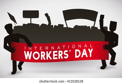 Silhouette of workers marching on 1st May in Workers' Day.