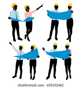 silhouette of workers show something on white background