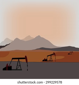 Silhouette of working oil pump on sunset mountain background or landscape. Pump rocking. Crude oil production.