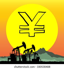 silhouette of working oil pumps on sunset background with money symbol