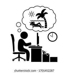 Silhouette of a Working Person Who is Dreaming of Going on a Break and Take a Vacation Along the Beach and Relax on the Beach Shore under the Shade of a Coconut Tree