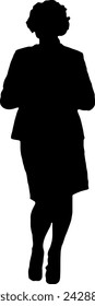 A silhouette of a working woman standing with both hands on her chest.