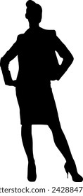 Silhouette of a working woman standing with feet on hips and head raised.