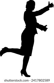 Silhouette of a working woman standing with legs and arms raised.