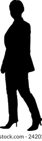 A silhouette of a working woman standing and turning her body to the side.
