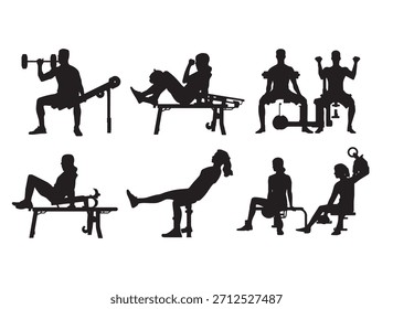 Figuras de entrenamiento de silueta haciendo sentadillas y estocadas, líneas de Vector pulidas, variaciones de pose sutiles.