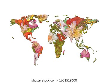 Silhouette of world map of different flowers. Vector