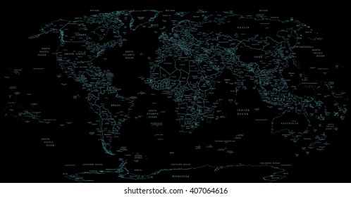 Silhouette World Map isolated on black. All elements are separated in editable layers clearly labeled. 