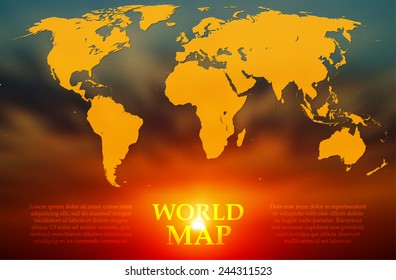 Silhouette of a world map on the background blurred image of sunrise. Vector