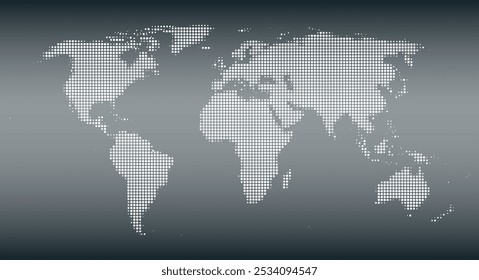 Silueta del mundo con puntos semitonos blancos, que varían en tamaño y espaciamiento, en gradiente gris. Mapa del mundo excepto la Antártida. Esquema punteado y superficie de la Tierra bajo la proyección de Robinson.