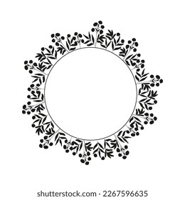 Silhouette of wreath of field herbs and plants. Black  round frame isolated on white background. 
