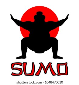 Silhouette of wrestler sumo against the background of the Japanese flag with the inscription sumo