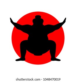 Silhouette of wrestler sumo against the background of the Japanese flag