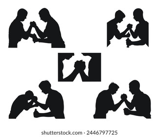 Silhouette of wrestlers on arms, powerful handshake. Muscular strong people, men, male. Two muscular arms that are wrestling