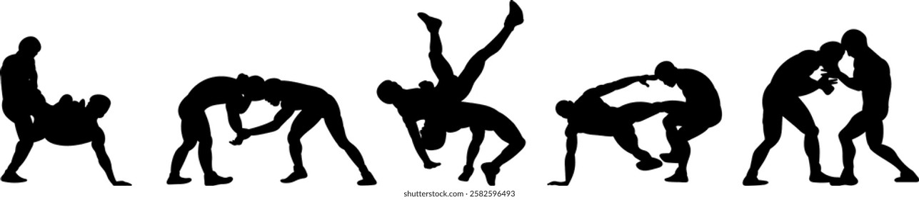 silhouette wrestlers set on white background vector