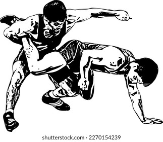 silhouette of wrestlers, Vector Black and White Freestyle Wrestling Illustration,  silhouettes athletes wrestlers in wrestling