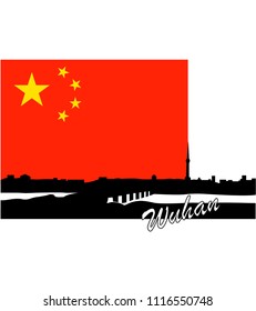 Silhouette of Wuhan, on the background of the flag of China
