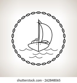 Silhouette yacht, sailboat in the circle of the chain on a light background,  black and white  vector illustration