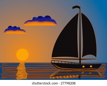 silhouette of a yacht sailing at sunset