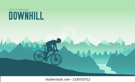 Silhouette yang man riding a mountain bike at sunset design. Cyclist Riding the Bike Down Rocky Hill at Sunset