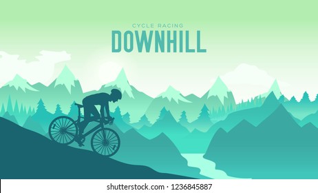 Silhouette yang man riding a mountain bike at sunset design. Cyclist Riding the Bike Down Rocky